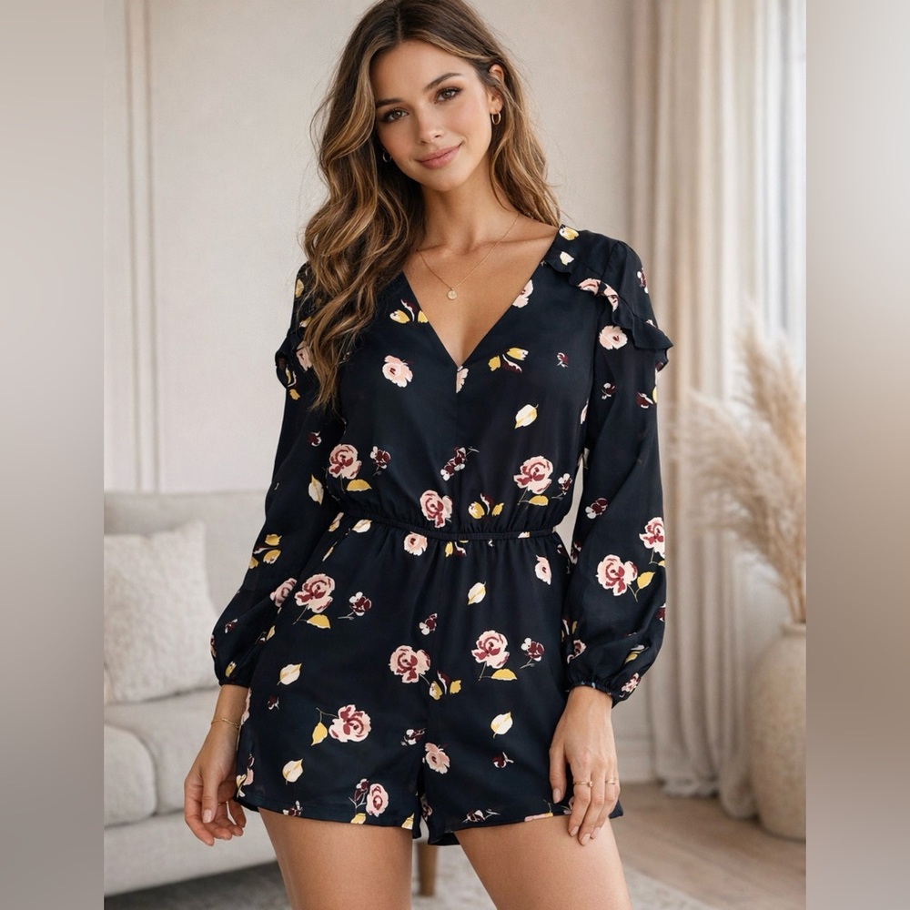 STATE Black Floral Long Sleeve Romper XS | Ruffle Detail‎ | Boho Chic
